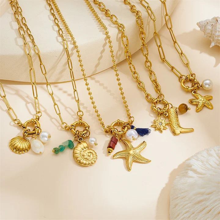 Fashion Ocean Series Accessories Pendant Gold-plated Stainless Steel Starfish Shell Multi-element Oil-drip Butterfly Necklace