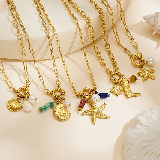 Fashion Ocean Series Accessories Pendant Gold-plated Stainless Steel Starfish Shell Multi-element Oil-drip Butterfly Necklace