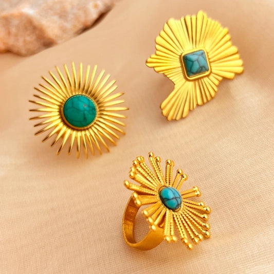 Casual Retro Minimalist Sun 304 Stainless Steel Turquoise 18K Gold Plated Inlay Open Rings