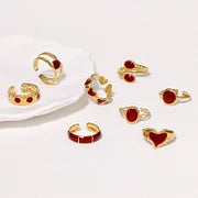 Retro Style Geometric Pattern Red Agate Open Ring - Electroplated