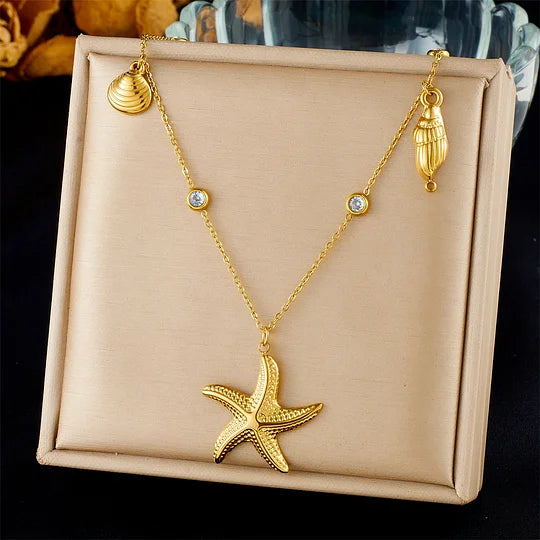 Fashion Ocean Series Accessories Pendant Gold-plated Stainless Steel Starfish Shell Multi-element Oil-drip Butterfly Necklace