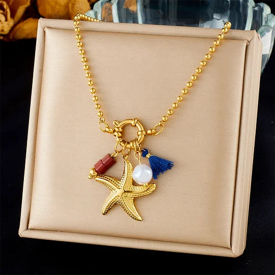 Fashion Ocean Series Accessories Pendant Gold-plated Stainless Steel Starfish Shell Multi-element Oil-drip Butterfly Necklace