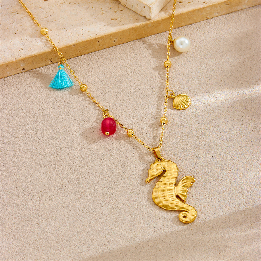 Stainless Steel Golden Ocean Seahorse Pearl Pendant Necklace