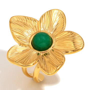 Turquoise Stainless Steel 18K Gold Plated Exaggerated Flower Open Ring