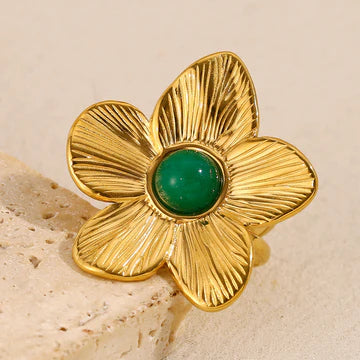 Turquoise Stainless Steel 18K Gold Plated Exaggerated Flower Open Ring