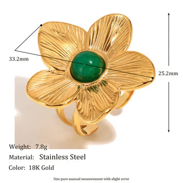 Turquoise Stainless Steel 18K Gold Plated Exaggerated Flower Open Ring