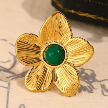 Turquoise Stainless Steel 18K Gold Plated Exaggerated Flower Open Ring