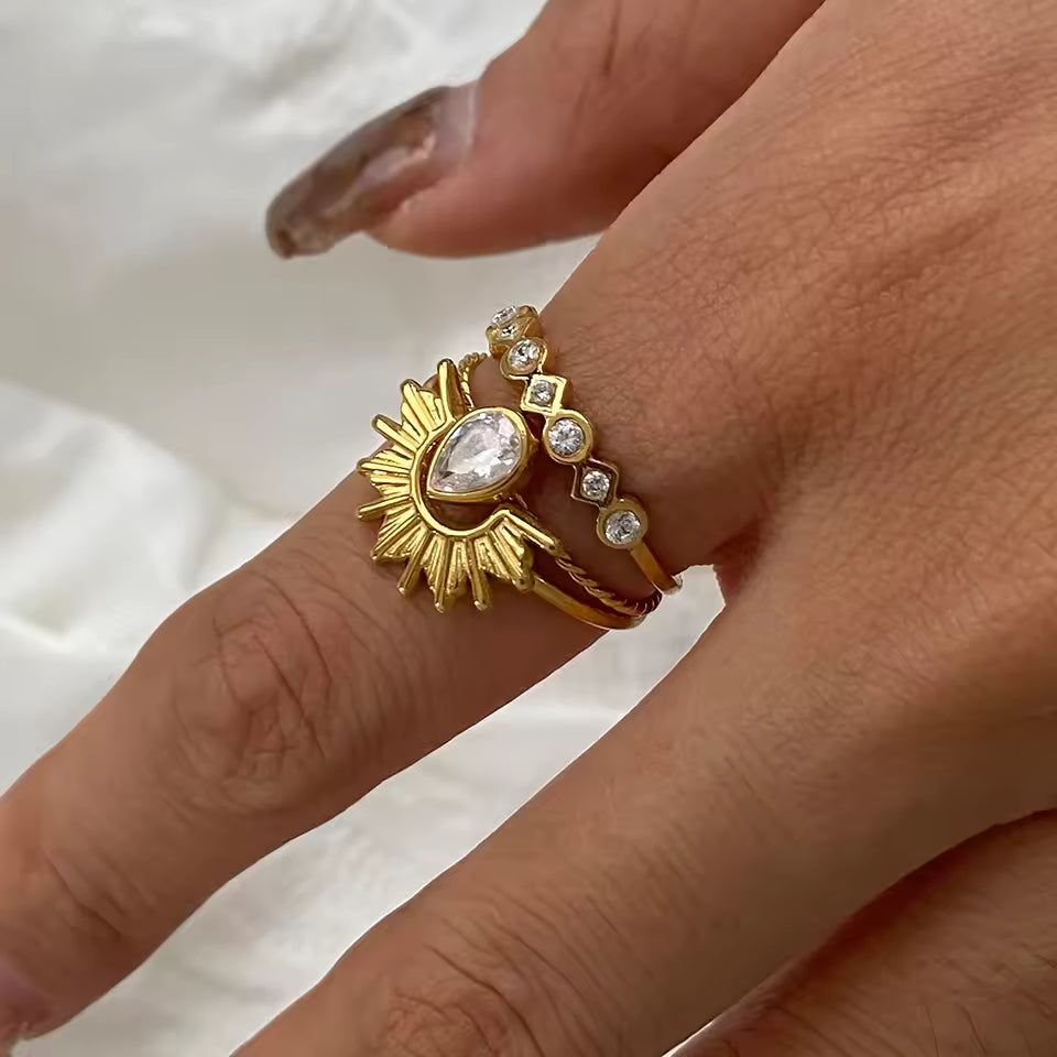 18K Gold Plated Stainless Steel Ring Set – 3pcs Ribbed Sun & Geometric Stackable Design