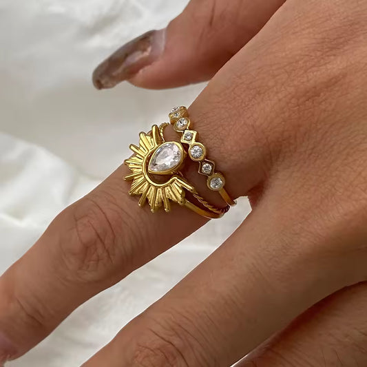 18K Gold Plated Stainless Steel Ring Set – 3pcs Ribbed Sun & Geometric Stackable Design