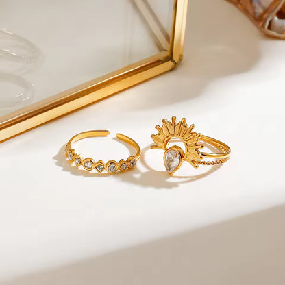 18K Gold Plated Stainless Steel Ring Set – 3pcs Ribbed Sun & Geometric Stackable Design