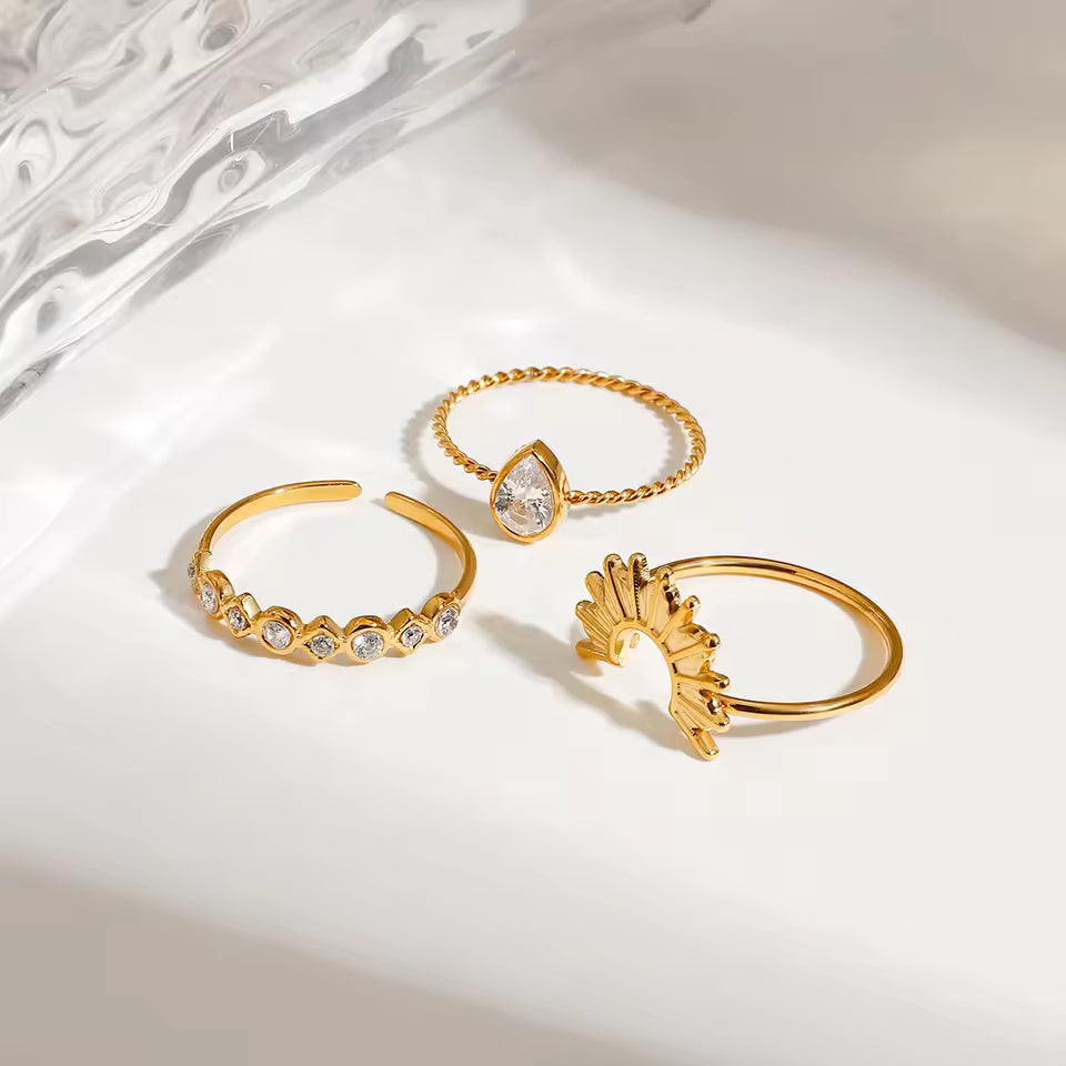 18K Gold Plated Stainless Steel Ring Set – 3pcs Ribbed Sun & Geometric Stackable Design
