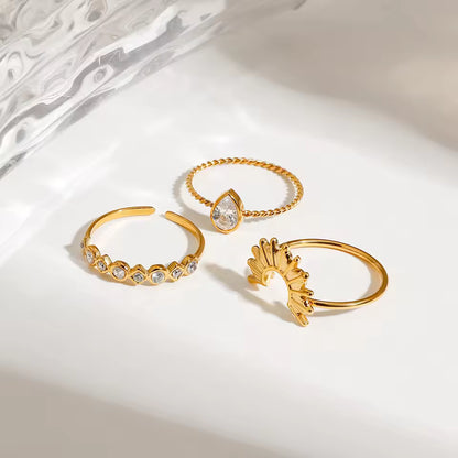 18K Gold Plated Stainless Steel Ring Set – 3pcs Ribbed Sun & Geometric Stackable Design