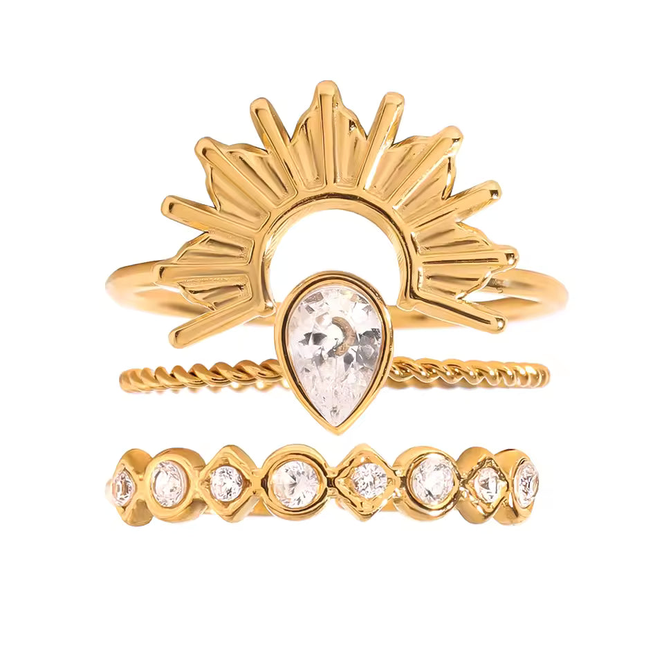 18K Gold Plated Stainless Steel Ring Set – 3pcs Ribbed Sun & Geometric Stackable Design