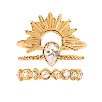 18K Gold Plated Stainless Steel Ring Set – 3pcs Ribbed Sun & Geometric Stackable Design