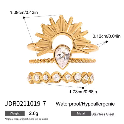 18K Gold Plated Stainless Steel Ring Set – 3pcs Ribbed Sun & Geometric Stackable Design