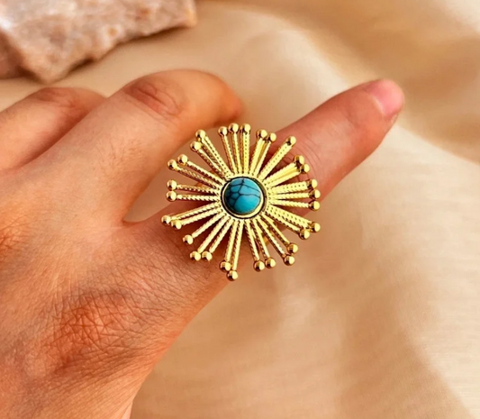 Casual Retro Minimalist Sun 304 Stainless Steel Turquoise 18K Gold Plated Inlay Open Rings