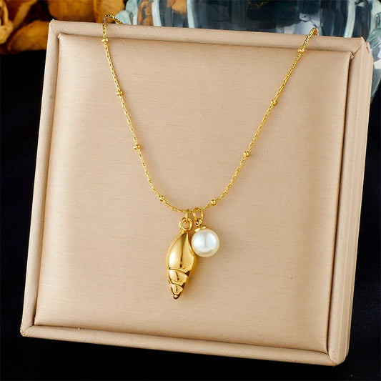 Fashion Ocean Series Shell Pearl Pendant Necklace - Gold-plated