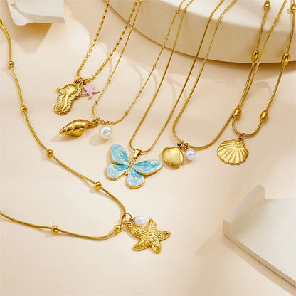 Fashion Ocean Series Seashell Pearl Pendant Necklace - Gold-plated