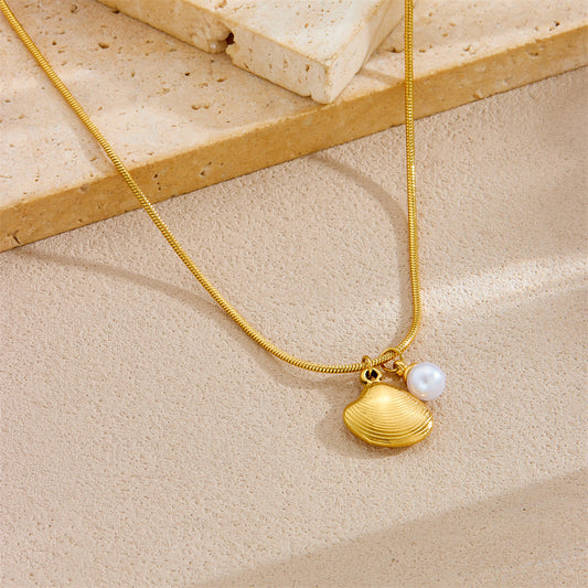 Fashion Ocean Series Seashell Pearl Pendant Necklace - Gold-plated