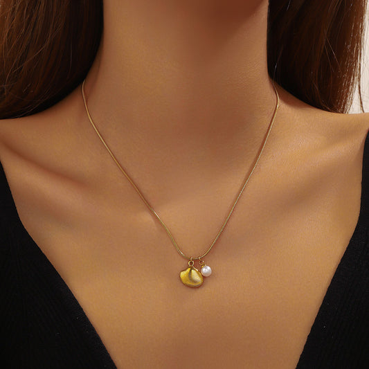 Fashion Ocean Series Seashell Pearl Pendant Necklace - Gold-plated