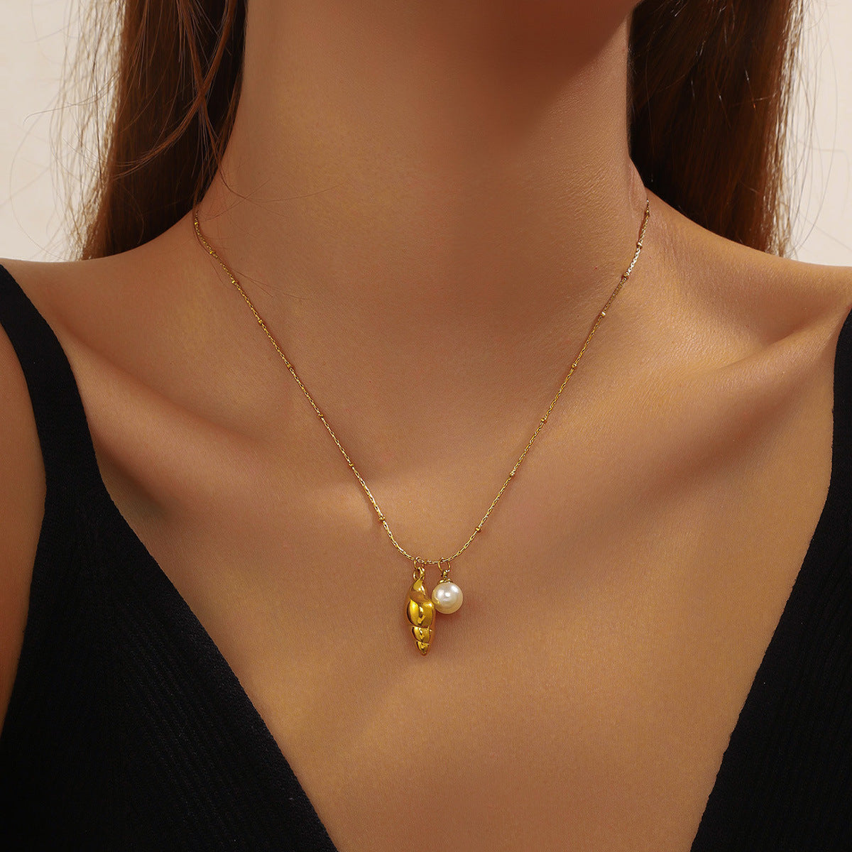 Fashion Ocean Series Shell Pearl Pendant Necklace - Gold-plated