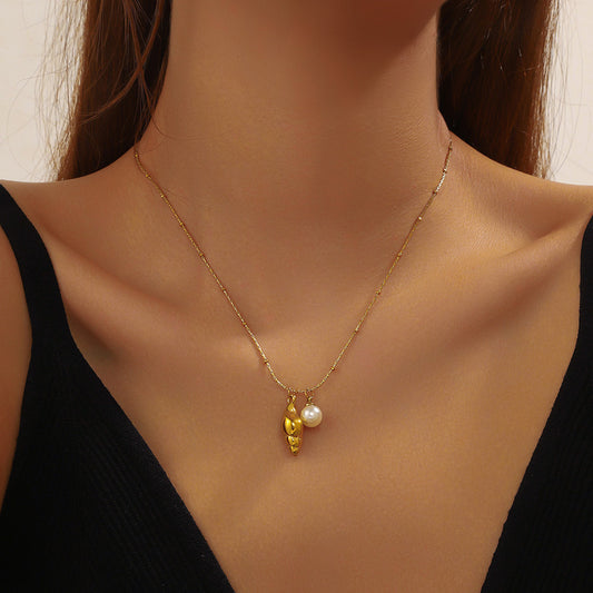 Fashion Ocean Series Shell Pearl Pendant Necklace - Gold-plated
