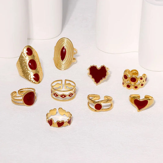 Retro Style Geometric Pattern Red Agate Open Ring