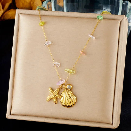 Fashion Ocean Series Accessories Pendant Gold-plated Stainless Steel Starfish Shell Multi-element Oil-drip Butterfly Necklace