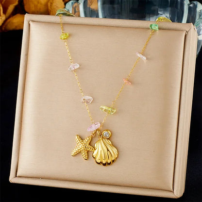 Fashion Ocean Series Accessories Pendant Gold-plated Stainless Steel Starfish Shell Multi-element Oil-drip Butterfly Necklace