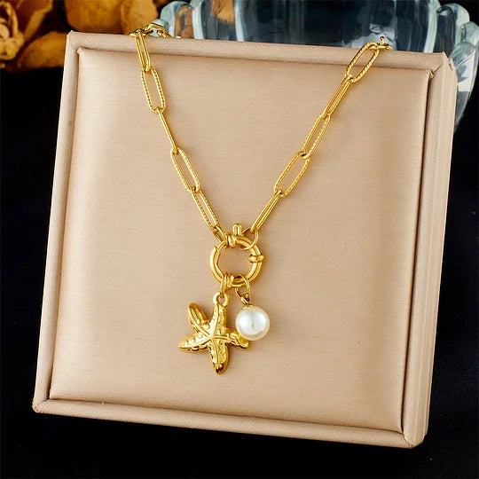 Fashion Ocean Series Accessories Pendant Gold-plated Stainless Steel Starfish Shell Multi-element Oil-drip Butterfly Necklace