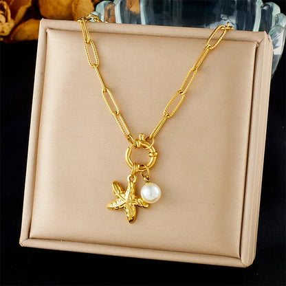 Fashion Ocean Series Accessories Pendant Gold-plated Stainless Steel Starfish Shell Multi-element Oil-drip Butterfly Necklace