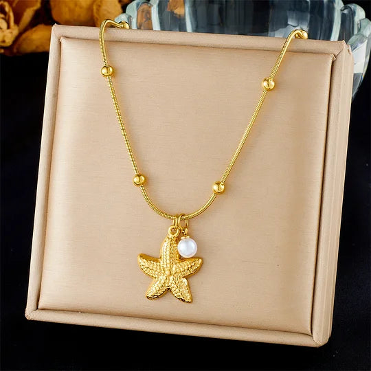 Fashion Ocean Series Accessories Pendant Gold-plated Stainless Steel Starfish Shell Multi-element Oil-drip Butterfly Necklace
