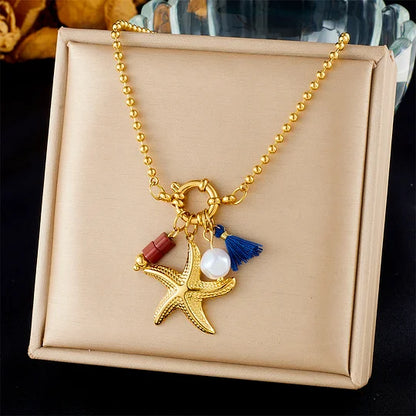 Fashion Ocean Series Accessories Pendant Gold-plated Stainless Steel Starfish Shell Multi-element Oil-drip Butterfly Necklace