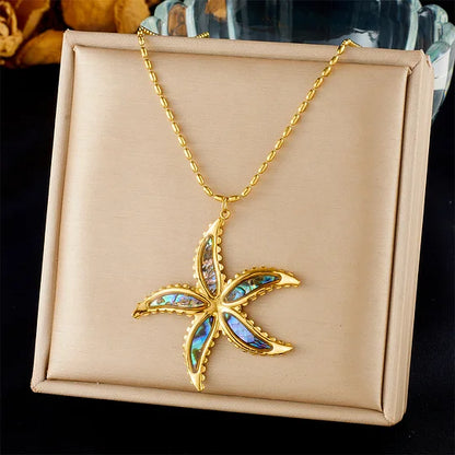 Fashion Ocean Series Accessories Pendant Gold-plated Stainless Steel Starfish Shell Multi-element Oil-drip Butterfly Necklace