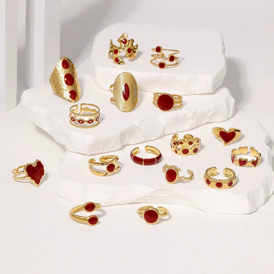 Retro Style Geometric Pattern Red Agate Open Ring
