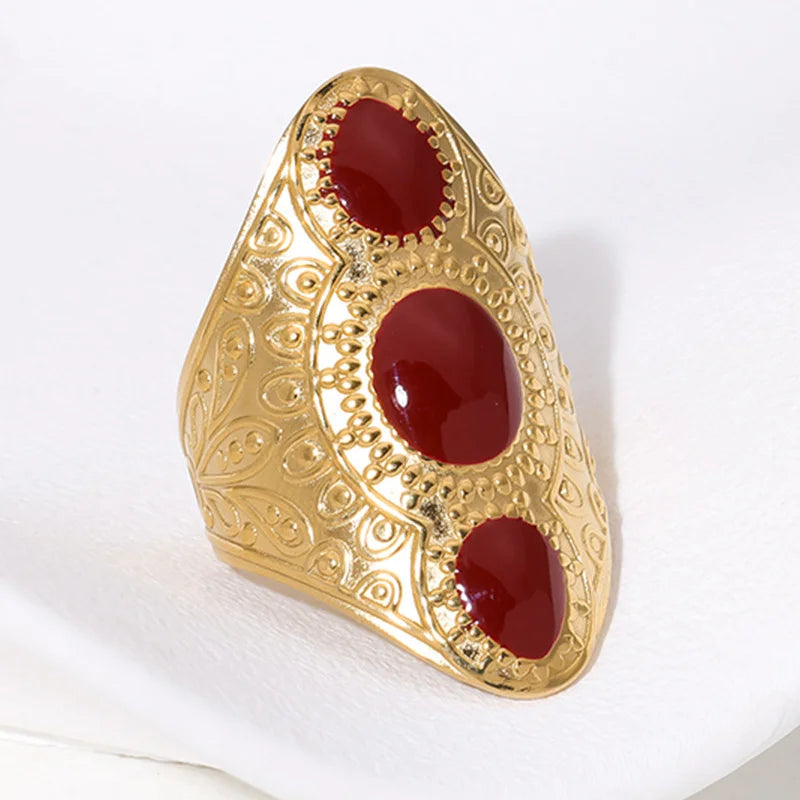 Retro Style Geometric Pattern Red Agate Open Ring - Electroplated