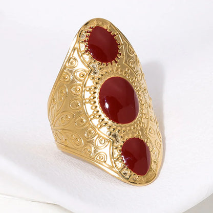 Retro Style Geometric Pattern Red Agate Open Ring - Electroplated