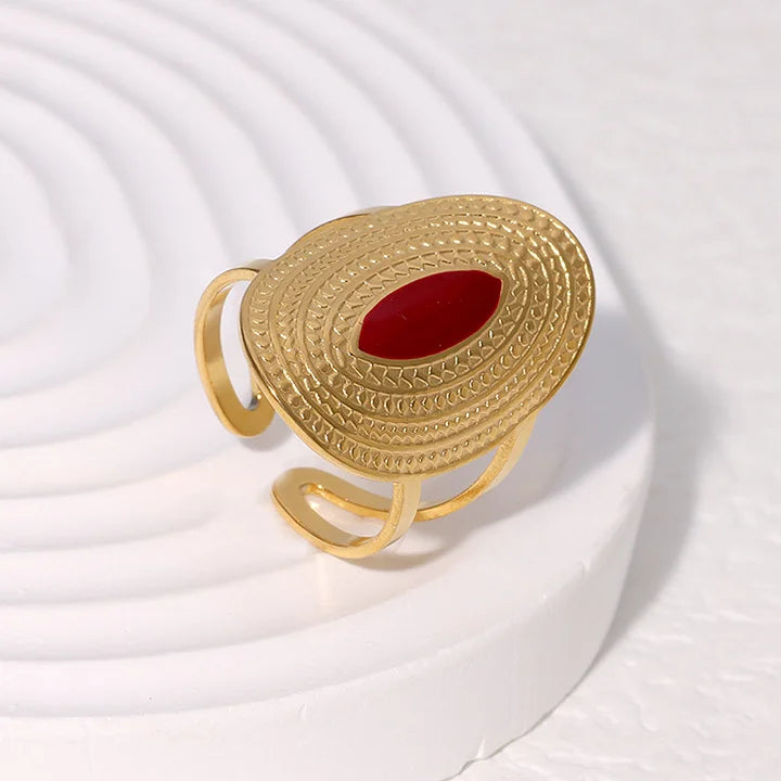 Retro Style Geometric Pattern Red Agate Open Ring - Electroplated