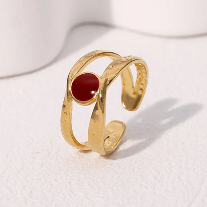 Retro Style Geometric Pattern Red Agate Open Ring - Electroplated