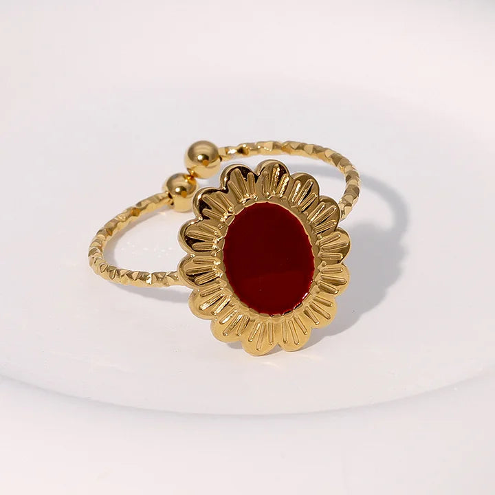 Retro Style Geometric Pattern Red Agate Open Ring