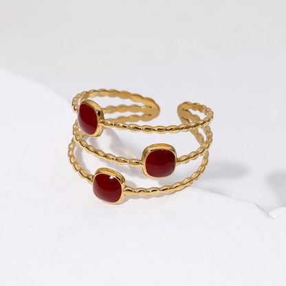 Retro Style Geometric Pattern Red Agate Open Ring - Electroplated