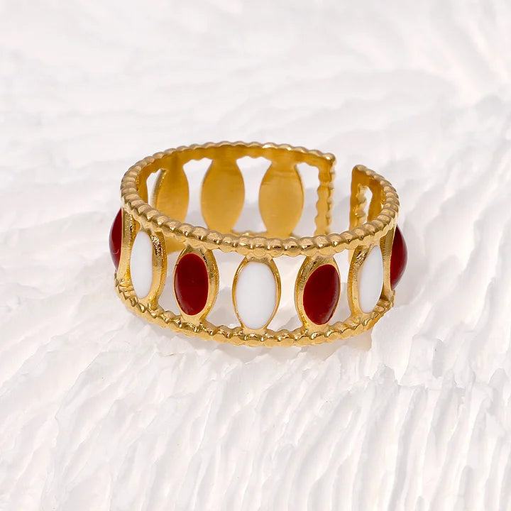Retro Style Geometric Pattern Red Agate Open Ring