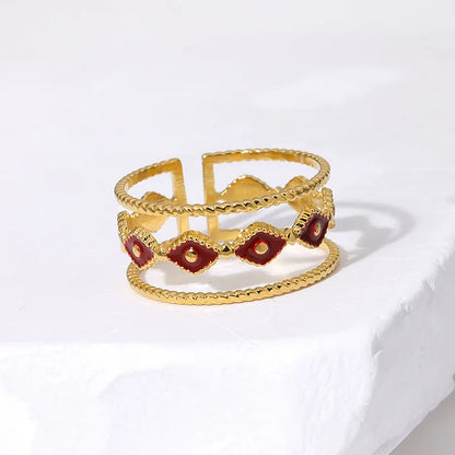Retro Style Geometric Pattern Red Agate Open Ring - Electroplated