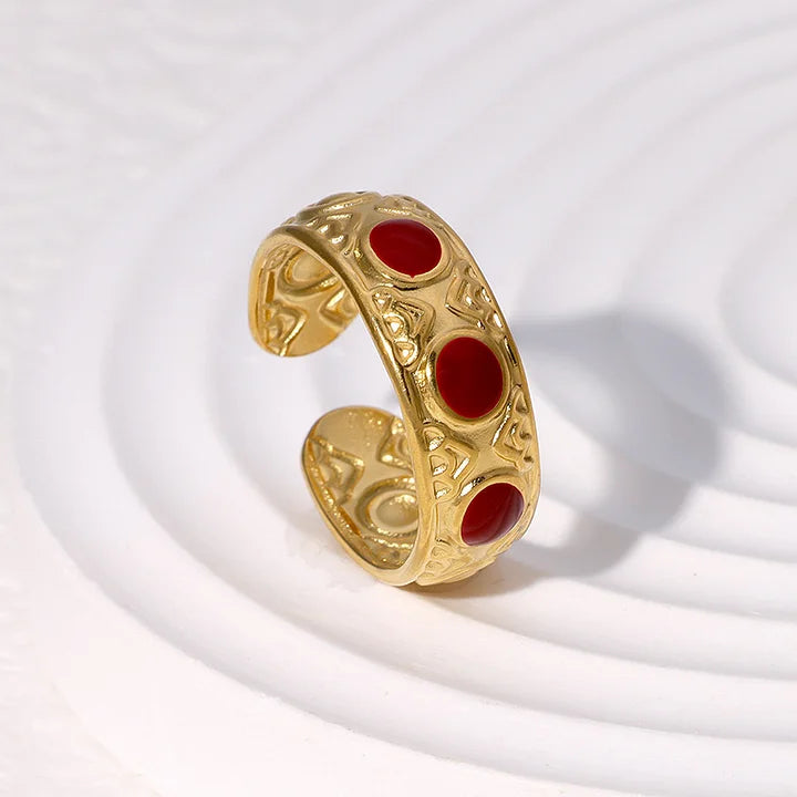 Retro Style Geometric Pattern Red Agate Open Ring - Electroplated