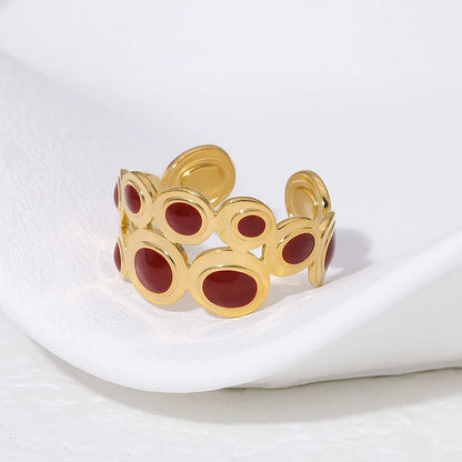 Retro Style Geometric Pattern Red Agate Open Ring - Electroplated