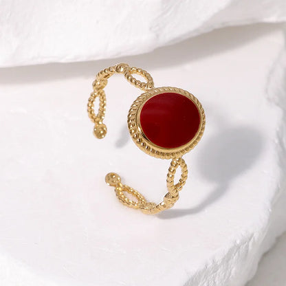Retro Style Geometric Pattern Red Agate Open Ring - Electroplated