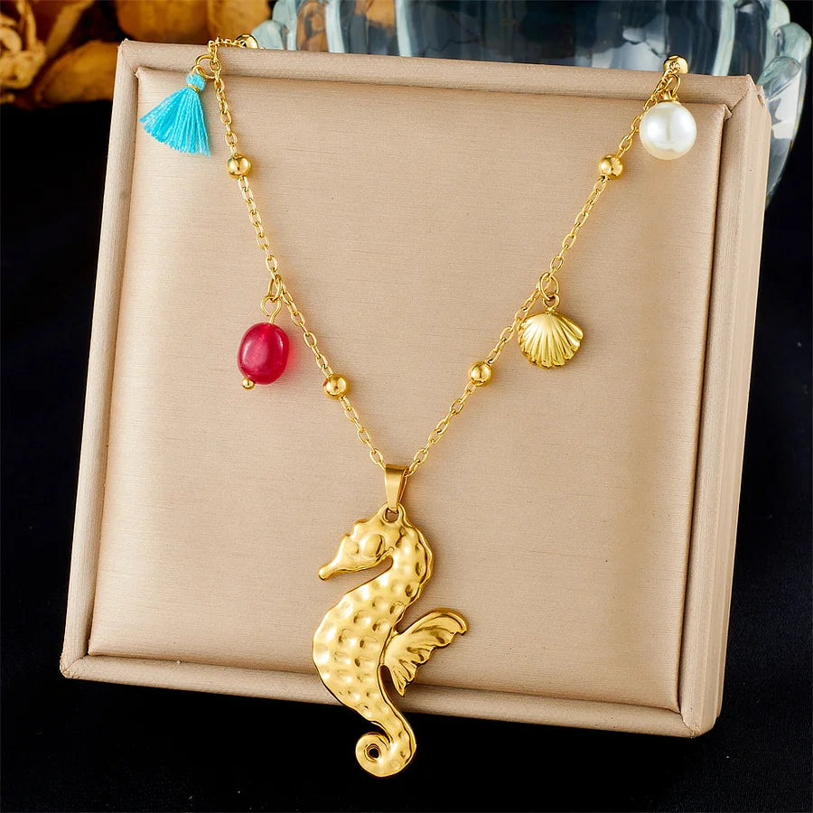 Stainless Steel Golden Ocean Seahorse Pearl Pendant Necklace