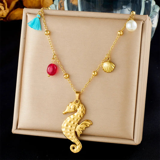 Stainless Steel Golden Ocean Seahorse Pearl Pendant Necklace