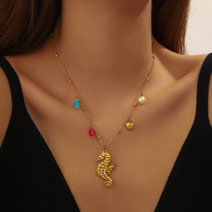 Stainless Steel Golden Ocean Seahorse Pearl Pendant Necklace