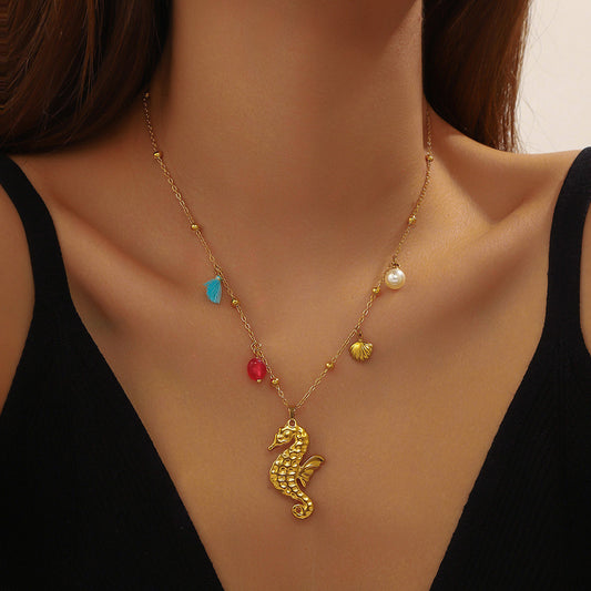 Stainless Steel Golden Ocean Seahorse Pearl Pendant Necklace